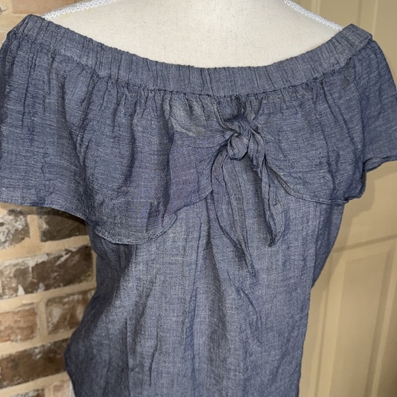 Naked Zebra Chambray Peasant Off-Shoulder Swing Top Ruffle & Tie Detail Sz Large - Picture 2 of 12